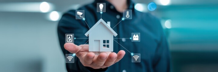 A hand holds a 3d model of a house connected to smart home technology.