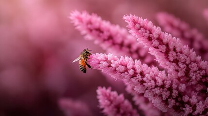 A close-up shot of a bee gracefully pollinating a vibrant pink flower, highlighting the connection between nature's beauty and the essential role of bees in our ecosystem.