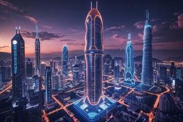 Obraz premium Futuristic Electric City at Night Exploring Ambition in Illuminated Urban Design