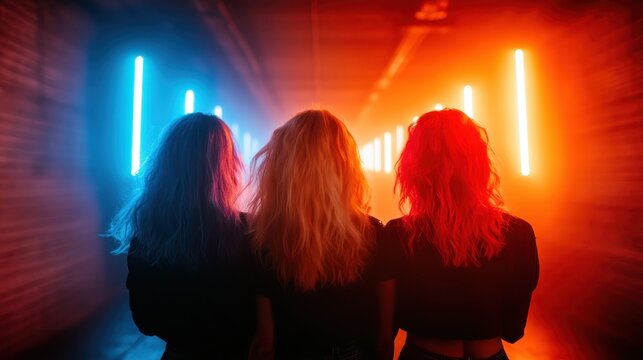Silhouetted against vibrant neon lights, three friends stand together, radiating a sense of connection and camaraderie while embracing an energetic nightlife and fun atmosphere.