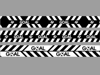 Vector illustration of black and white striped caution tape banners with the word "GOAL" and soccer ball icons.