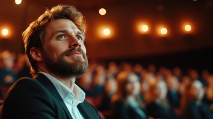 A thoughtful man gazes towards the stage in a theatre filled with warm lights, capturing the essence of culture, emotion, and the shared experience of live performances.