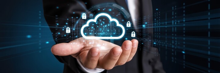 A person's hand holds a digital cloud computing icon.