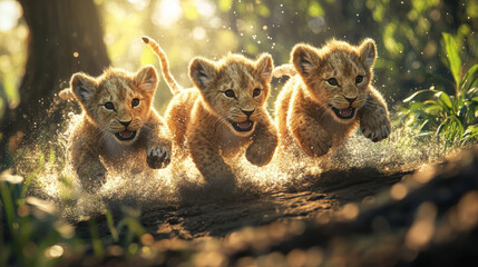 Obraz premium Playful fluffy lion cubs at sunrise close-up wildlife photography in natural habitat