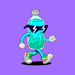 A stylized, cartoonish water bottle character, in vibrant teal,  wearing sunglasses and walking in sneakers.  It has a liquid-like interior and exaggerated features