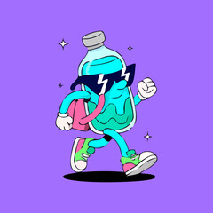 A cartoon bottle character, light teal blue with a gray cap, wears sunglasses and is carrying a pink backpack, running on a purple background