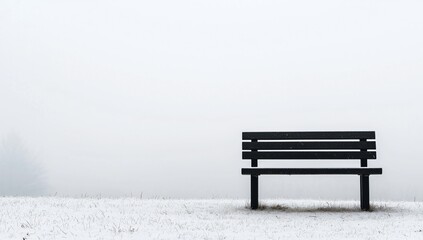 Fototapeta premium Lonely park bench covered in snow on a foggy winter day A solitary seat in a serene snowy landscape