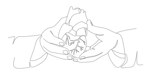 Hands Presenting Anatomical Heart – Minimalist Continuous‑Line Cardiovascular Illustration