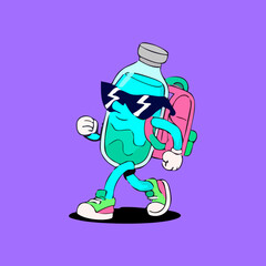 A stylized cartoon bottle character, light teal blue, wearing sunglasses and carrying a pink backpack, is walking