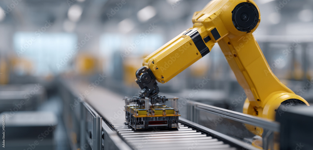 Poster a yellow robotic arm precisely maneuvers a cargo container on a conveyor belt in a modern warehouse.