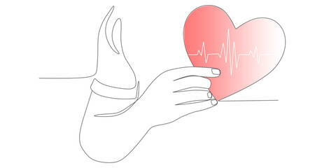 Hand holding heart with ECG lines, Minimalist continuous line Health Illustration, for world heart day eps 3