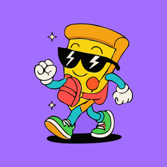 Pizza character, wearing sunglasses and a backpack, walking