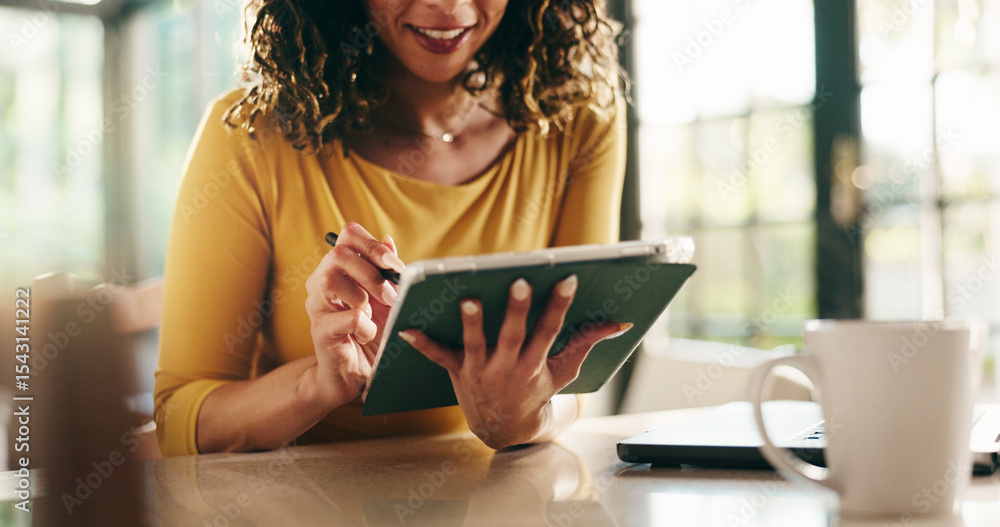 Poster Hands, tablet and writing for remote work from home with notes, checklist and happy with project. Person, writer and tech with application for editing process, review and feedback for freelance job