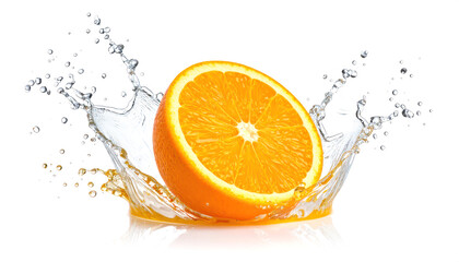 Oranges with freshly squeezed orange juice splashed on white background