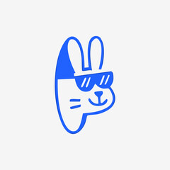 A stylized, outlined, cartoon rabbit head in a bright blue color, wearing sunglasses