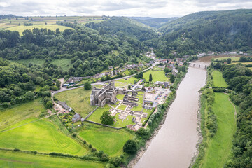 Tintern Abbey and River Wye, Chepstow South Wales. Beautiful aerial view, summer daytime