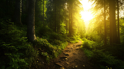 Obraz premium A hiking trail through a vibrant alpine forest, with bright sunlight streaming through the trees and the sound of birds chirping.