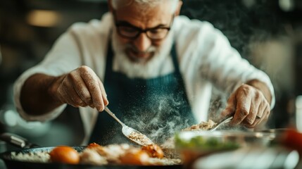 An experienced chef skillfully prepares a gourmet dish in a bustling kitchen, capturing the essence of culinary artistry and passion for cooking.