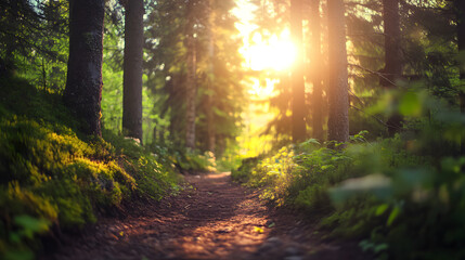 Obraz premium A hiking trail through a vibrant alpine forest, with bright sunlight streaming through the trees and the sound of birds chirping.