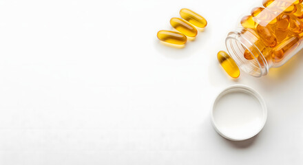 Vitamin D Gel Capsules with Open Bottle on White Background – Amber Supplements Scattered in Top-Right Composition with Copy Space, Perfect for Health, Wellness, or Pharmaceutical Marketing Content