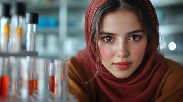 A focused young woman in a hijab leans over test tubes in a laboratory, representing scientific inquiry, diversity, and the power of knowledge in today's innovative research fields.