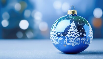 blue glass christmas ornament with hand-painted white snowflake design on glittery surface and bokeh background for holiday greeting card or festive web banner


