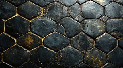 Dark Hexagonal Texture with Golden Details Rich Black Stones and Honeycomb Structure for Background