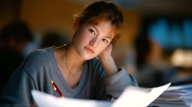 Teacher grading papers with a red pen and thoughtful expression