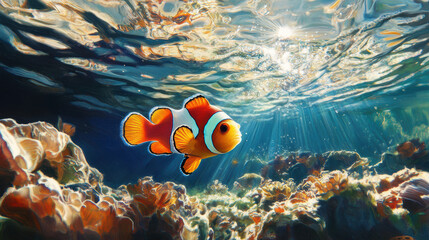 Underwater view clownfish swimming through sunlit coral reef in gigapixel
