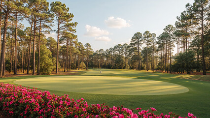 Obraz premium Golf Course Green Surrounded by Pine Trees and Pink Azalea Flowers