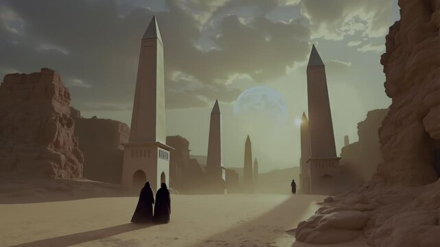 A desolate, sandy landscape with towering obelisks and shrouded figures under a muted, otherworldly sky. Mysterious and atmospheric