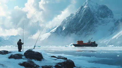 Ice fishing in the arctic gigapixel capture of fisherman in a pristine snowy landscape