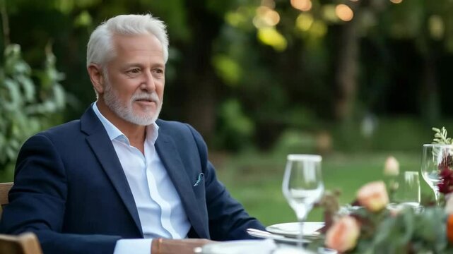 A man wearing a blue suit is sitting at a table with a glass of wine in front of him. He is smiling and he is enjoying his time. The table is set with various items, including wine glasses, a fork