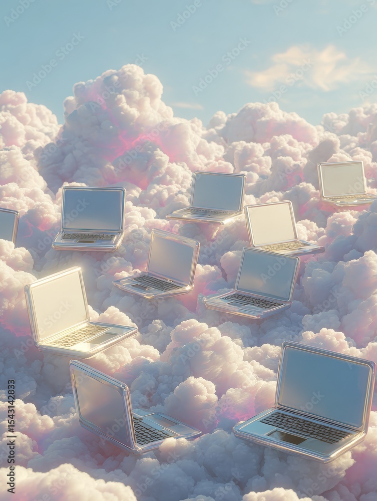 Poster exploring cloud computing a modern digital landscape with laptops and cloud icons