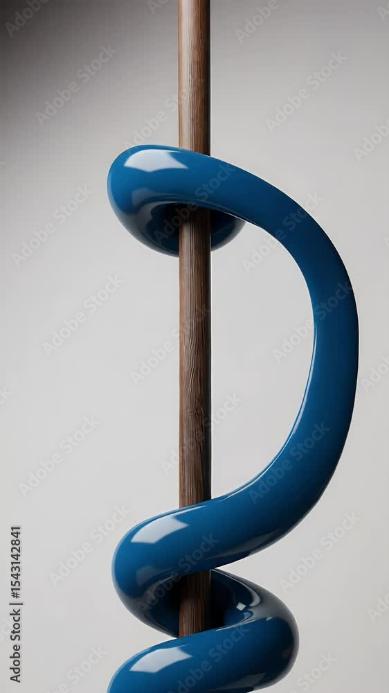 Poster abstract blue shiny loop around wood pole minimal design 3d