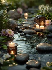 Naklejka premium A tranquil spa scene featuring stones, flowing water, candles, and flowers in a garden setting.