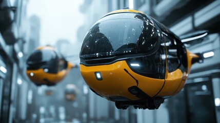 This image showcases sleek, futuristic hover cars navigating through a modern urban setting, emphasizing advanced technology and urban development in a stylish design.