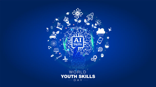 Happy World Youth Skills Day. Futuristic Technology, AI, Digital Skills Training & development education concept.