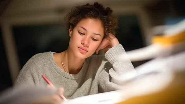 Teacher grading papers with a red pen in soft ambient light