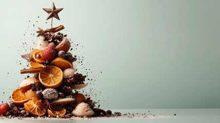 This creative arrangement features a vibrant Christmas tree built from festive treats like dried fruits, spices, and sweets, capturing the essence of holiday cheer.