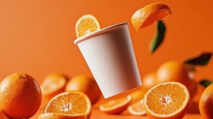 Freshly sliced oranges hover around a plain white cup against a bright orange backdrop. This image conveys freshness and zest, making it perfect for food-related themes.