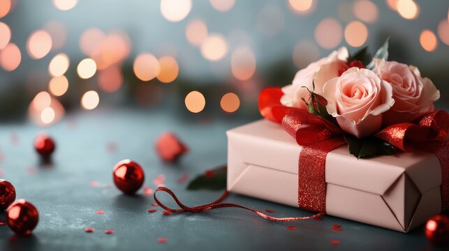An aesthetically pleasing image of a beautifully wrapped gift box decorated with roses and festive elements, symbolizing celebration and special moments.