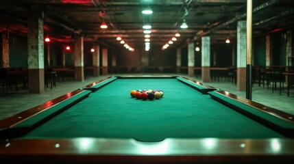 A well-lit, abandoned pool hall featuring a classic green pool table with carefully arranged balls, inviting players for a competitive game in an urban setting.