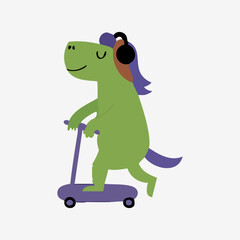 Cute dinosaur riding a scooter with headphones
