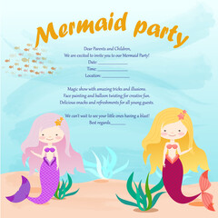 invitation to a children's party with two mermaids on the ocean background