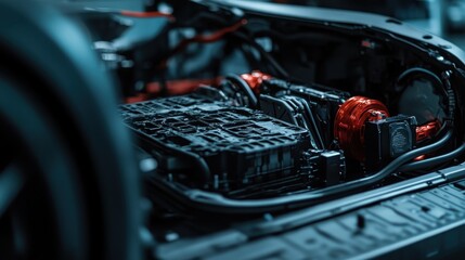 An eye-catching image highlighting the intricate components of an electric car engine, showcasing advanced technology and engineering finesse in a modern automotive setting.