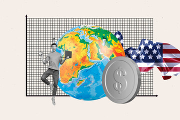 Trendy art creative full zine photo collage of happy businessman freelancer hold laptop stand globe...