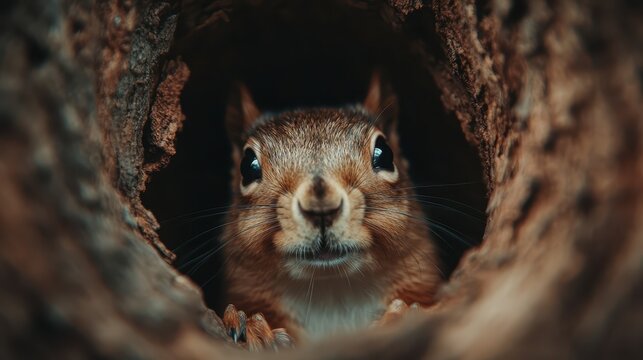 An adorable close-up shot of a squirrel peeking curiously out from a hollow in a tree, showcasing its expressive eyes and furry texture, highlighting the charm of wildlife. - Powered by Adobe