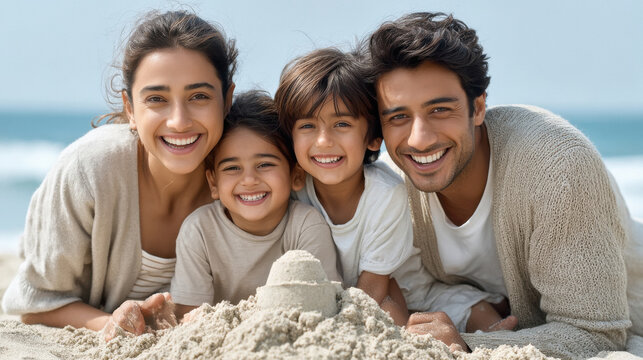 happy indian family enjoying together at beach