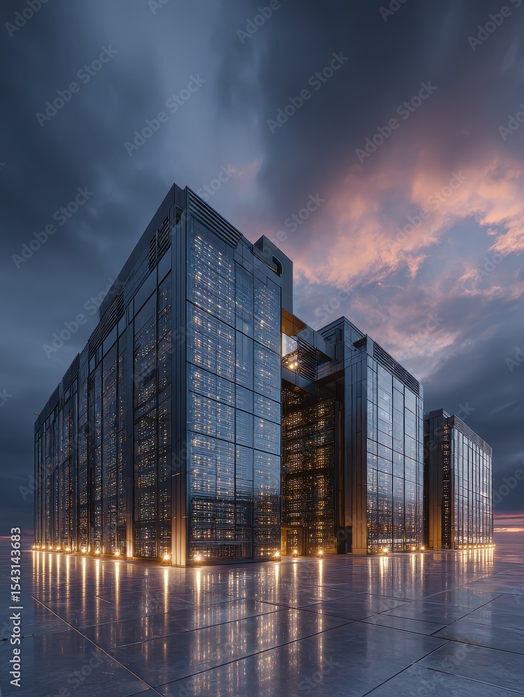 Poster advanced high-tech data center with futuristic architecture and industrial security at dusk